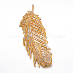 Brass Micro Pave Cubic Zirconia Big Pendants, Feather, Golden, 80x31x5mm, Hole: 3mm