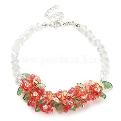 Bracciale a maglie con perline di vetro a forma di fiore con fermagli in lega da donna, pomodoro, 9-1/2 pollice (24 cm)