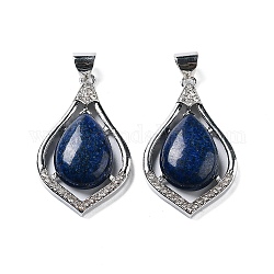 Pendentifs en forme de larme en lapis lazuli naturel, Breloques en alliage de ton platine, pavé de cristal strass, 48.5x29x8mm, Trou: 5.8x6.6mm