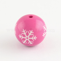 Round Acrylic Snowflake Pattern Beads, Christmas Ornaments, Hot Pink, 18mm, Hole: 2mm