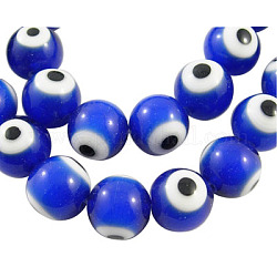 Perles vernissées manuelles, mauvais œil, ronde, bleu, environ 10 mm de diamètre, Trou: 1.5mm, Environ 40 pcs/chapelet
