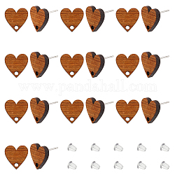 Superfindings – boucles d'oreilles en bois en forme de cœur, 20 pièce, avec 60 pièces en plastique poussoirs d'oreilles, brun coco, 12.5x12mm, Trou: 1.8mm, pin: 0.7 mm