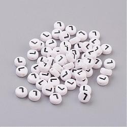 Flat Round with Letter L Acrylic Beads, with Horizontal Hole, White & Black, about 7mm in diameter, hole: about 1mm