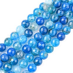 Natural Crackle Agate Bead Strands, Round, Grade A, Faceted, Dyed & Heated, Blue, 8mm, Hole: 1mm, about 47pcs/strand, 15 inch