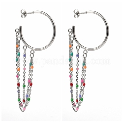 304 Stainless Steel Half Hoop Earrings, with Enamel, Cable Chains and Ear Nuts, Colorful, Stainless Steel Color, 77x33mm, Pin: 0.8mm
