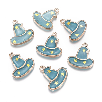 Alloy Enamel Pendants, DIY Accessories, for Halloween, with Glitter Powder & Sequin, Magic Hat, Blue, 20.5x19x2mm, Hole: 1.6mm