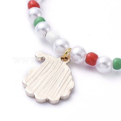 Christmas Theme Stretch Charm Bracelets, with Glass Seed Beads, Acrylic Imitation Pearl Beads and Alloy Enamel Pendants, Mixed