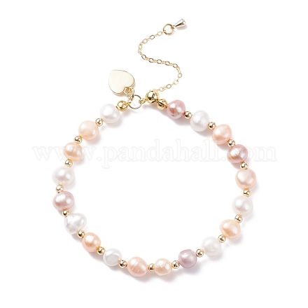 Bracelet de perles naturelles avec breloque coeur en laiton pour femme BJEW-JB08165-01-1