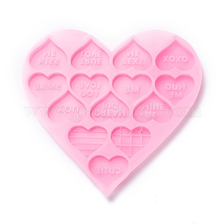 バレンタインデーのテーマ食品グレードのペンダントシリコンモールド  耐熱皿ツール  DIYケーキデコレーション用  チョコレート  キャンディモールド  言葉とハート  ピンク  87x89.5x5mm  内径：20x15mm X-DIY-D050-12-1
