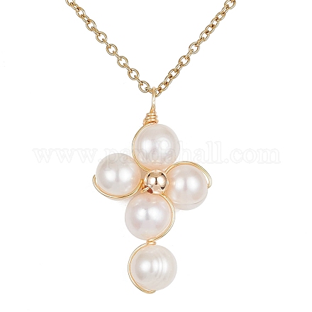 Collar con colgante de cruz con cuentas de perlas naturales de grado A para mujer NJEW-JN04414-1