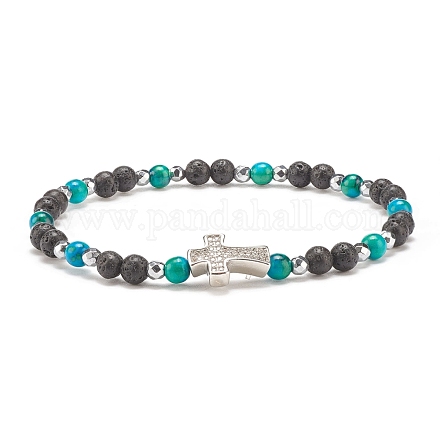Natural & Synthetic Mixed Gemstone Beaded Stretch Bracelet with Clear Cubic Zirconia Cross for Women BJEW-JB08247-03-1