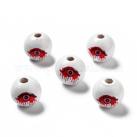 ハロウィーン スプレー塗装ウッド ビーズ  丸い赤い血まみれの目の模様  ホワイト  15.5~16x14.5~15mm  穴：4mm WOOD-C002-06-1