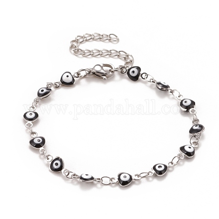 Coeur en émail avec bracelet chaînes à maillons mauvais œil BJEW-P271-06P-04-1