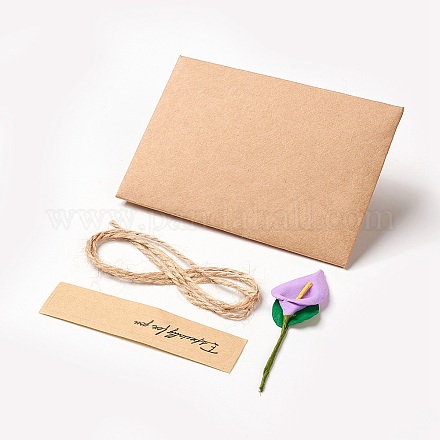 クラフト紙グリーティングカードとクラフト紙の封筒  紙のステッカーと内側のページ  ドライウォーター栗の花  ジュートより糸  スミレ  10.4x7.1cm DIY-WH0094-05B-1