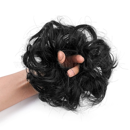 人工毛髪の延長  女性のお団子のためのヘアピース  ヘアドーナツアップポニーテール  耐熱高温繊維  ブラック  15cm OHAR-G006-A01-1