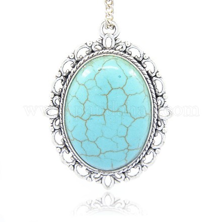 Antique Silver Plated Alloy Synthetic Turquoise Oval Pendants G-N0084-01-1