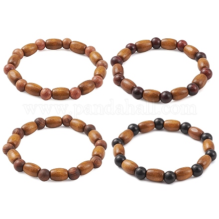 Эластичные браслеты из натурального дерева с бусинами BJEW-JB09621-1