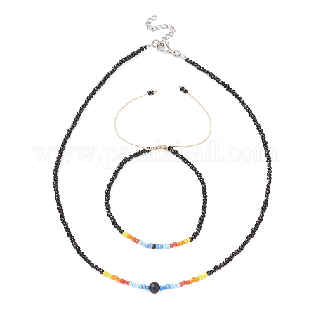 Glass Seed Beaded Necklace & Braided Beaded Bracelet SJEW-JS01283-02-1