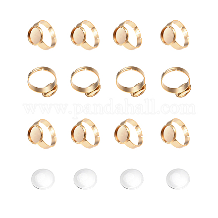 Unicraftale 12 juego de bandeja de 10 mm kits de fabricación de anillos de dedo ajustables dorados 304 componentes de anillos de dedo de acero inoxidable y cabujones de vidrio transparente bandeja redonda plana anillos de dedo para hacer anillos unisex DIY-UN0001-37G-1