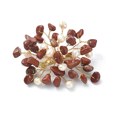 Broche de flor con cuentas de perlas y virutas de jaspe rojo natural JEWB-BR00098-02-1