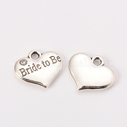 Wedding Theme Antique Silver Tone Tibetan Style Heart with Bride to Be Rhinestone Charms TIBEP-N005-10A-1