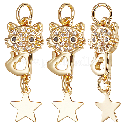 Beebeecraft 1 Box 10Pcs Crystal Cat Charms 18K Gold Plated Cute Kitten with Star Pendant Charms with Jump Ring for Earring Necklace Bracelet KK-BBC0005-17-1
