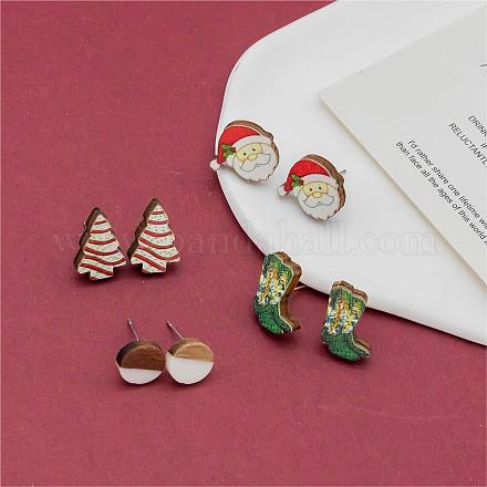 4 paio di orecchini a bottone in legno stampato con Babbo Natale EJEW-OY001-03-1