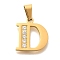 Ion Plating(IP) 304 Stainless Steel Rhinestone Pendants, Letter D, 17~19x10.5~18x2mm, Hole: 6.5x3.5mm