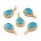 Golden Plated Brass Micro Pave Clear Cubic Zirconia Pendants, with Glass, Long-Lasting Plated, with Snap on Bails, Teardrop, Deep Sky Blue, 24.5x16x7.5mm, Hole: 3x5mm