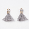 Polycotton(Polyester Cotton) Tassel Pendant Decorations, Mini Tassel, with Brass Clasps & Iron Rings, Light Gold, Light Grey, 10~15x3~4mm, Hole: 2mm