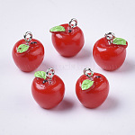 Charms de resina de manzana, con balas de clavija de clavija de tornillo de hierro de tono platino, rojo, 15x12mm, agujero: 2 mm