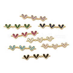 Encantos del conector de latón chapado en rack, eslabones de triple corazón con circonio cúbico y vidrio, sin plomo y el cadmio, real 18k chapado en oro, Plateado de larga duración, color mezclado, 42~43x8x2.5mm, agujero: 1.2~1.4 mm