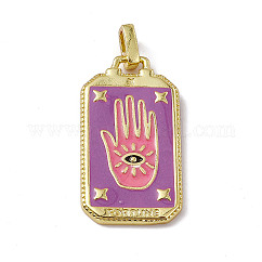 Emaille Anhänger Legierung, Rechteck, Tarot-Muster-Charm, golden, lila, Handflächenmuster, 26x14x2 mm, Bohrung: 2x3 mm