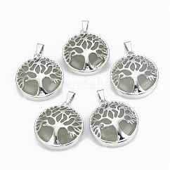Natürlichen grünen Aventurin Anhänger, mit Messing-Zubehör, flach rund mit Baum des Lebens, Platin Farbe, 30.5x27x8 mm, Bohrung: 7x3 mm