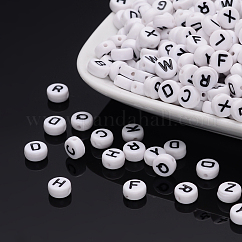 Cuentas de letras de acrílico de agujero horizontal, letras mixtas, plano y redondo, carta, 7x4mm, agujero: 1.2~1.8 mm, aproximamente 3500 unidades / 500 g