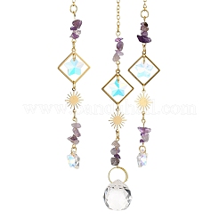 Natürlicher Amethyst-Chip und Messing-Mond-Sonnenfänger-Anhänger-Dekoration&nbsp;PW23041121729
