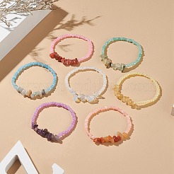 7 pz 7 stile naturale e sintetico misto chip di pietre preziose e braccialetti elastici con perline di semi di vetro per le donne&nbsp;BJEW-JB09207