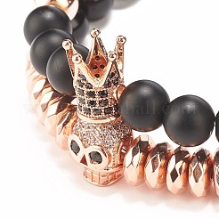 2 Stück 2-teilige synthetische Hämatit- und schwarze Stein- und natürliche Obsidian-Stretcharmbänder mit Zirkonia-Schädel&nbsp;BJEW-JB08120-04
