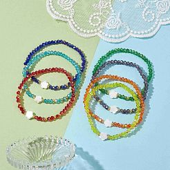 7 Stück 7 Farben Blumen Naturmuschel & Glas & Saatperlen Stretch-Armband-Set&nbsp;BJEW-JB10182