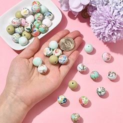40 pièce de perles focales rondes en silicone imprimées de 5 styles&nbsp;SIL-YW0001-65