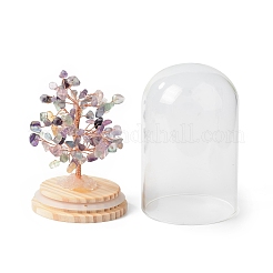 Arbre d'argent en copeaux de fluorite naturelle dans des cloches en verre à dôme avec des décorations d'affichage à base de bois&nbsp;DJEW-B007-04D
