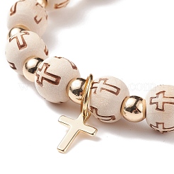 Bracciale elastico con perline in legno ed ematite sintetica con ciondoli a croce in ottone&nbsp;BJEW-JB08488