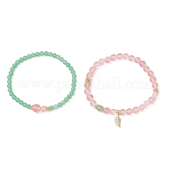 Bracelets extensibles en verre d'aventurine verte naturelle et de quartz cerise synthétique&nbsp;BJEW-JB11961