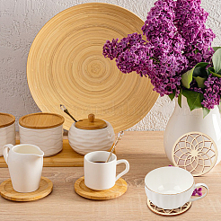 1 Set Tassenuntersetzer aus Holz mit Schnitzereien&nbsp;WOOD-BC0001-26
