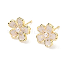 Orecchini a bottone con perle in ottone e plastica ABS a forma di fiore&nbsp;EJEW-P336-07G