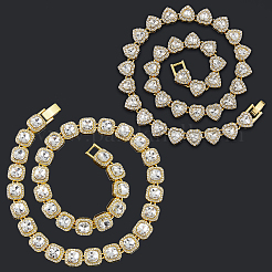 2 collana da tennis in vetro trasparente con forma quadrata/cuore in lega di zinco&nbsp;NJEW-SP0001-08G