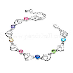 Bracelet en laiton plaqué platine shegrace fashion, coeurs avec cristal autrichien multicolore, 160x10mm