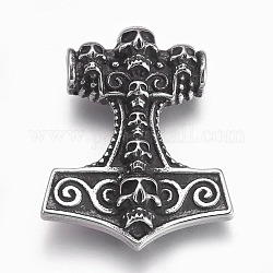 304 Stainless Steel Pendants, Thor's Hammer, Antique Silver, 42x35x13mm, Hole: 5.5mm