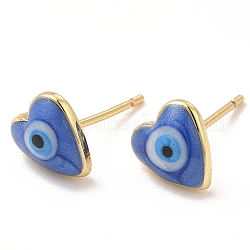 Boucles d'oreilles coeur en émail avec mauvais œil, véritables bijoux en laiton plaqué 18k or véritable pour femmes, bleu, 8x8mm, pin: 0.7 mm