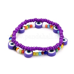 Perles de rocaille de verre étirer bracelets, avec des perles pour les yeux en pâte polymère, violet, diamètre intérieur: 2-1/8~2-1/4 pouce (5.3~5.8 cm), 2 pièces / kit